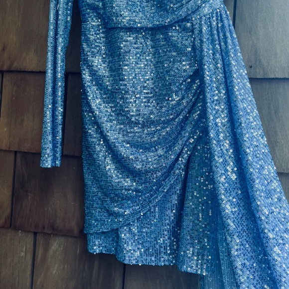 Xtraordinary One Shoulder Sequin Wrap Drape Mini Dress Blue Size 5 - Picture 7 of 16